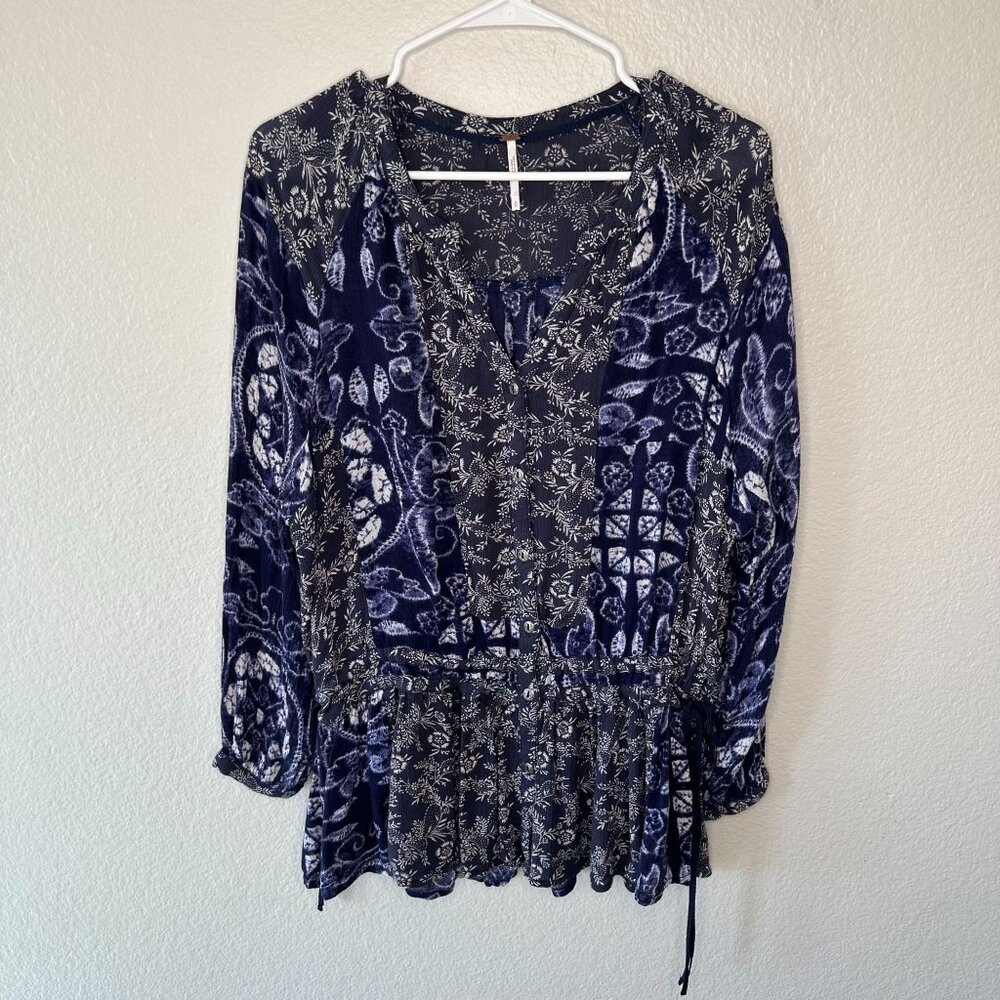 Free People Boho Printed Tunic Blouse S Button Front Long Sleeve Tie Hem Flowy R